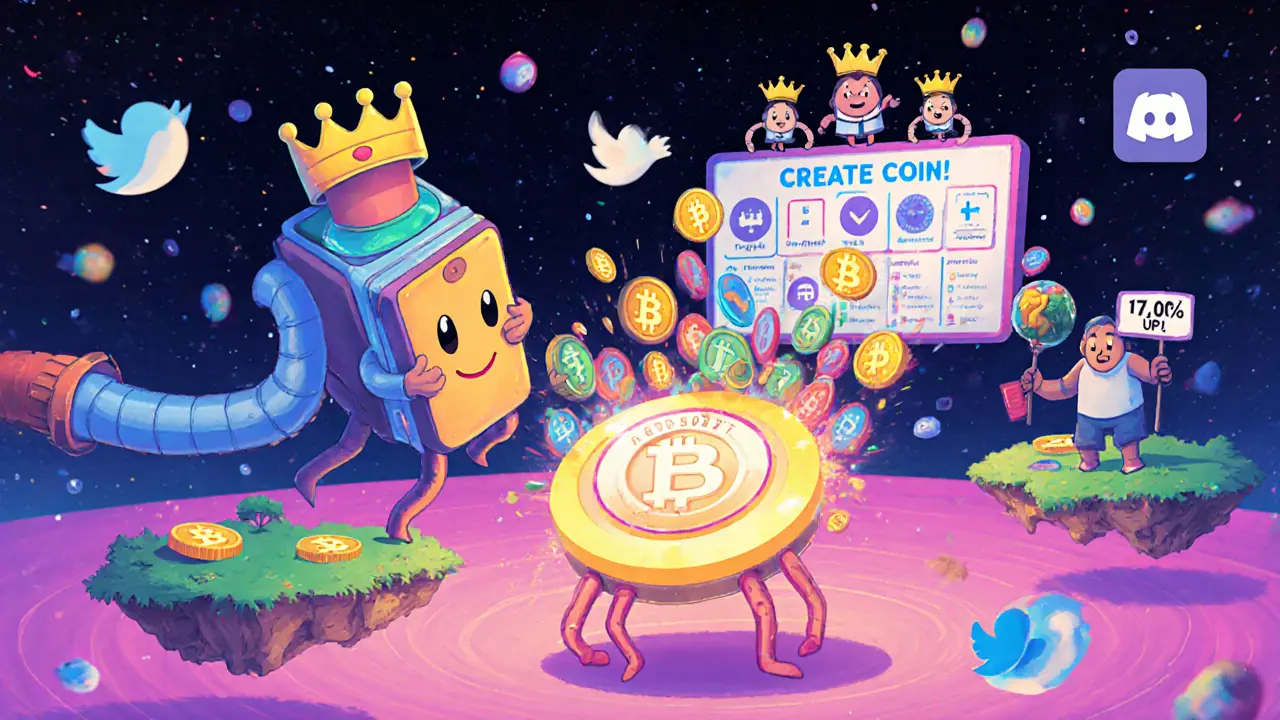 User clicking &#039;Create Coin!&#039; as tokens explode into a floating leaderboard with meme coin crowns.