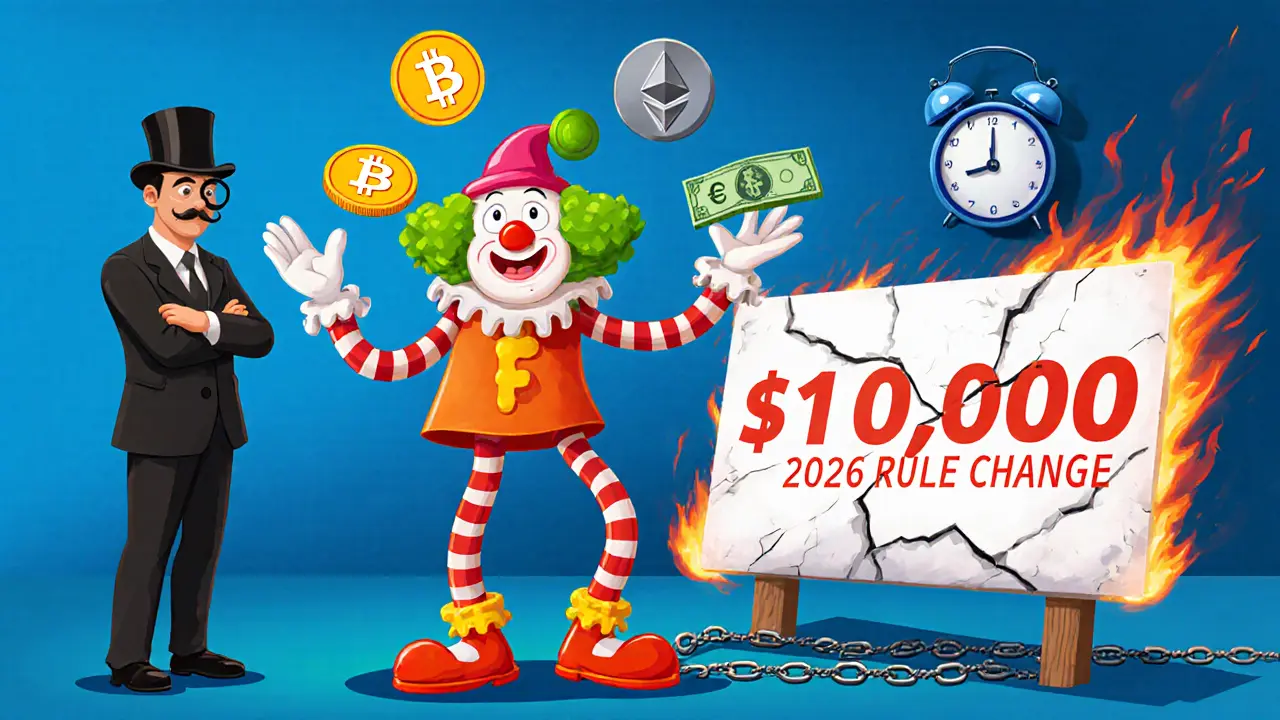 A clown juggles crypto coins and cash while being watched by a FinCEN agent near a cracking ,000 threshold.