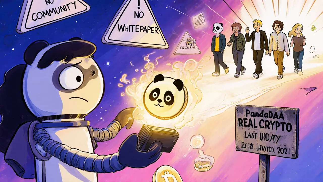 A confused crypto newbie reaches for a PANDA token that vanishes, surrounded by warning signs while real crypto developers walk away into the distance.