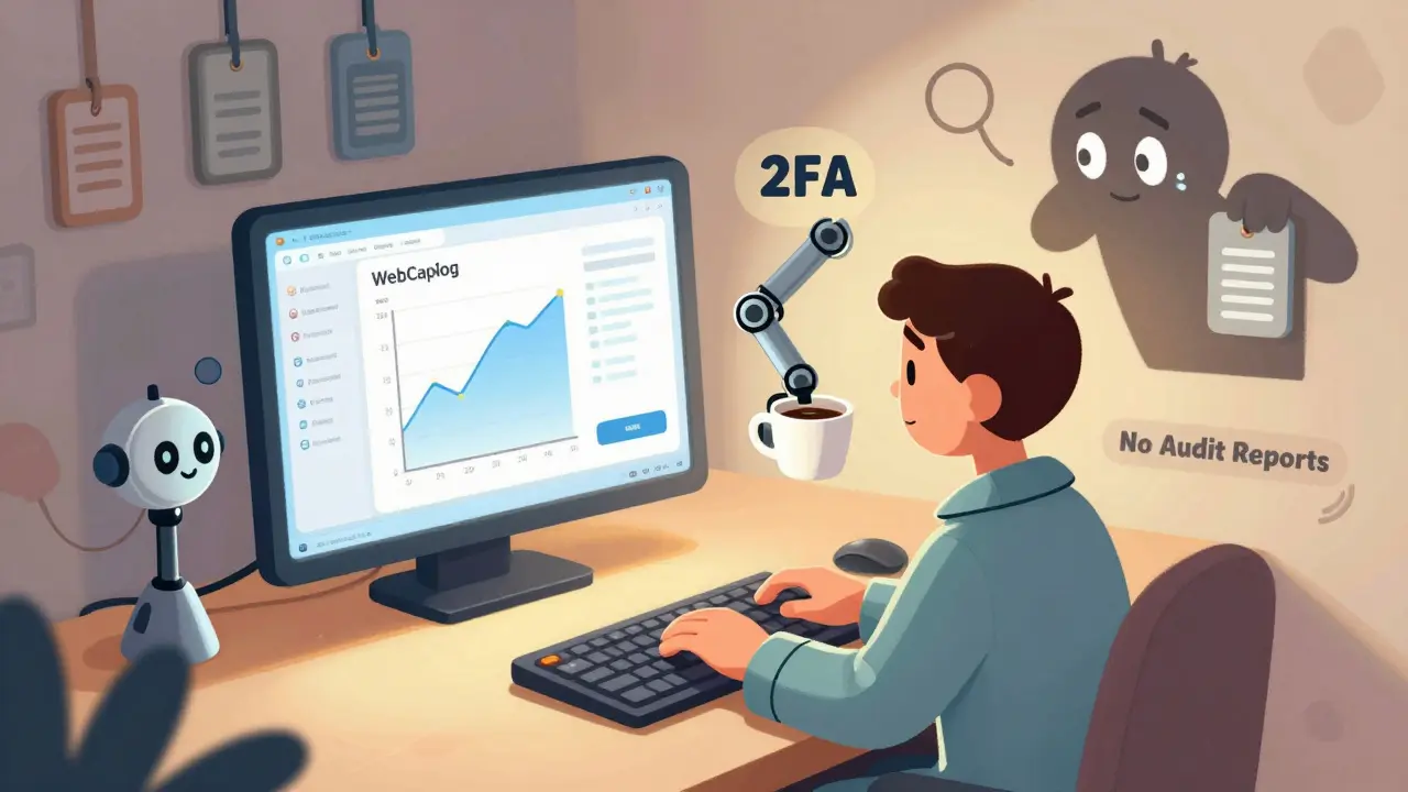 A cozy desktop scene with a user using WebCatalog, a 2FA robot handing coffee, and a shadowy &#039;No Audit&#039; figure lurking nearby.