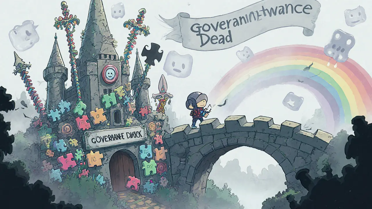 A crumbling castle of games with a lone player still clicking a broken reward button.