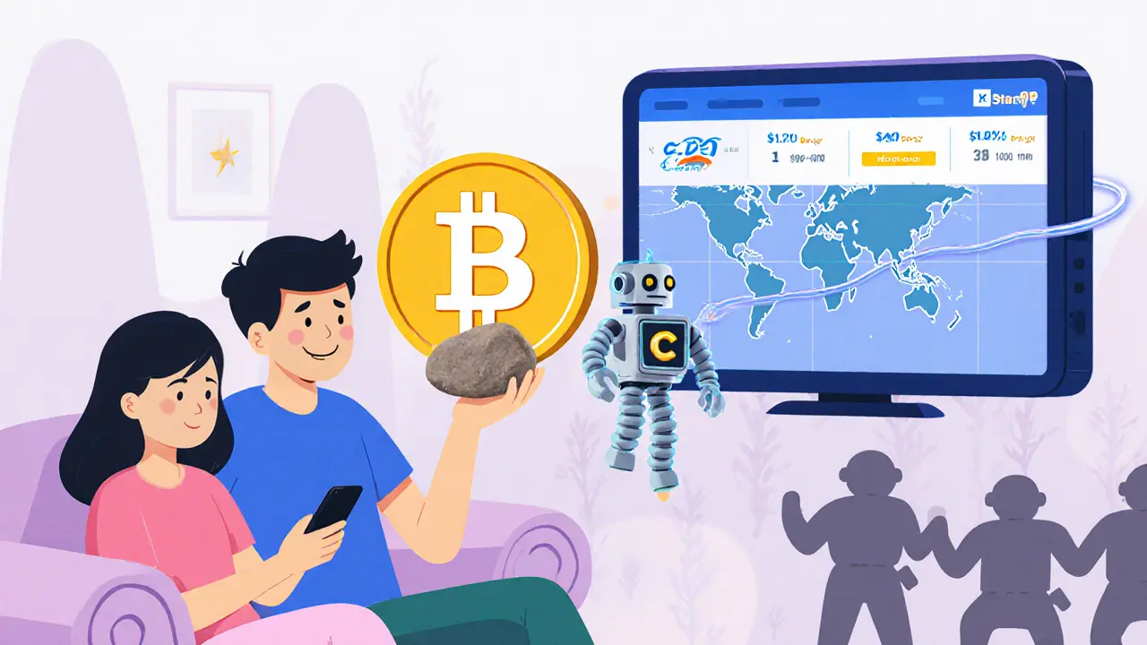 A family uses ZaloPay for groceries while Bitcoin is held like a pet, with a CBDC robot approaching in the background.