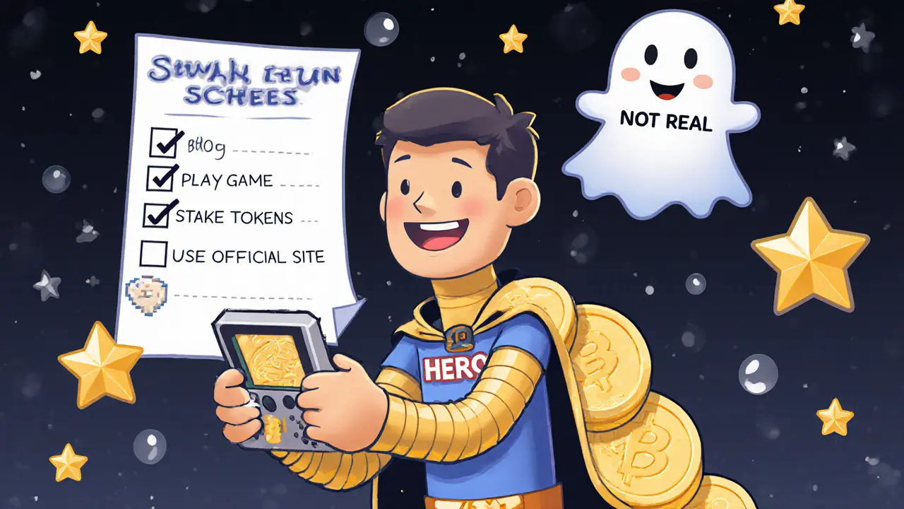 A heroic NFT character playing the real Step Hero game while a fake &#039;Soul&#039; ghost fades away.