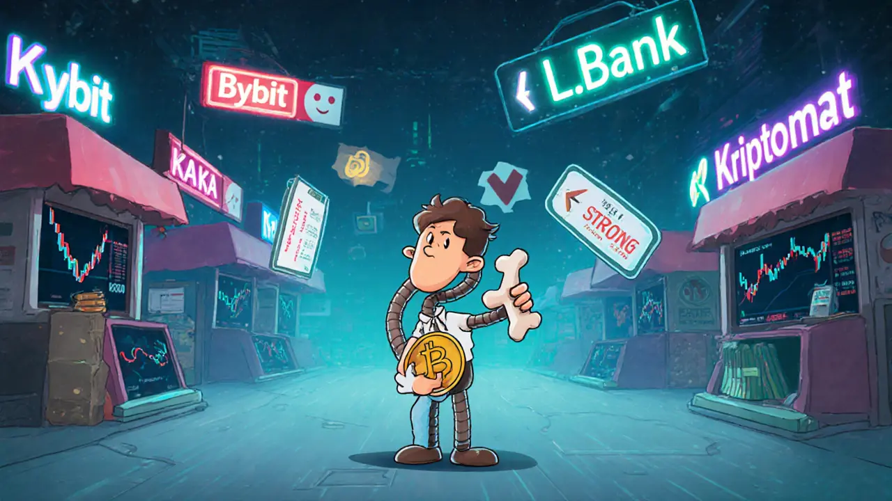 A lonely investor holds a KAKA token in an empty digital marketplace with zero volume signs and sinking graphs.