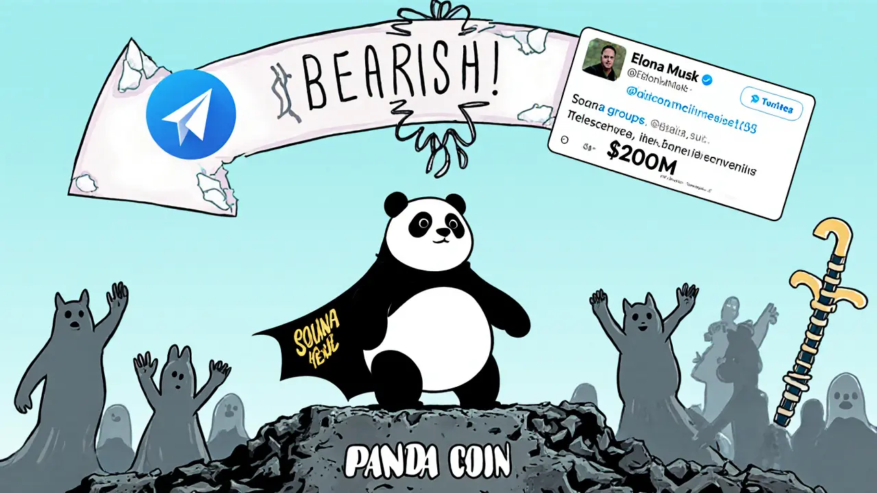 A lonely panda stands on a graveyard of meme coins as ghostly crypto legends wave goodbye and a giant bearish arrow falls from the sky.