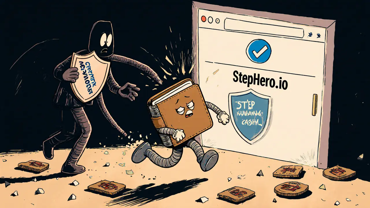 A running wallet escaping a phishing link, dropping a safety shield as fake NFTs crumble.