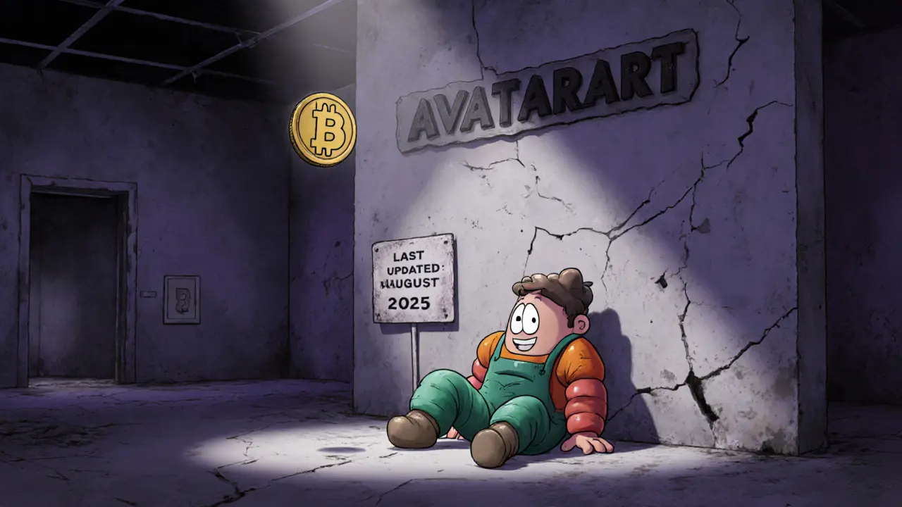 A sad NFT artist slumps beside a crumbling digital gallery with one fading token floating nearby.