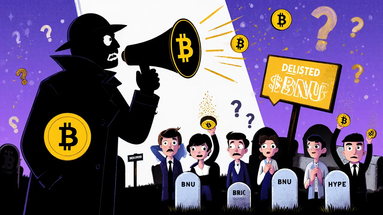 A shadowy scammer whispers as confused people watch their $BNU tokens turn to dust.