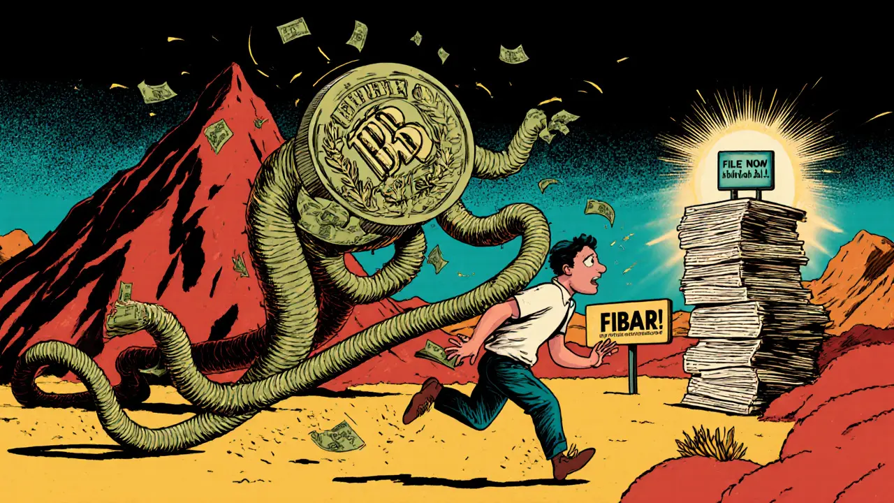 A terrified person flees from a monstrous IRS creature made of dollar bills while unfiled forms pile up.