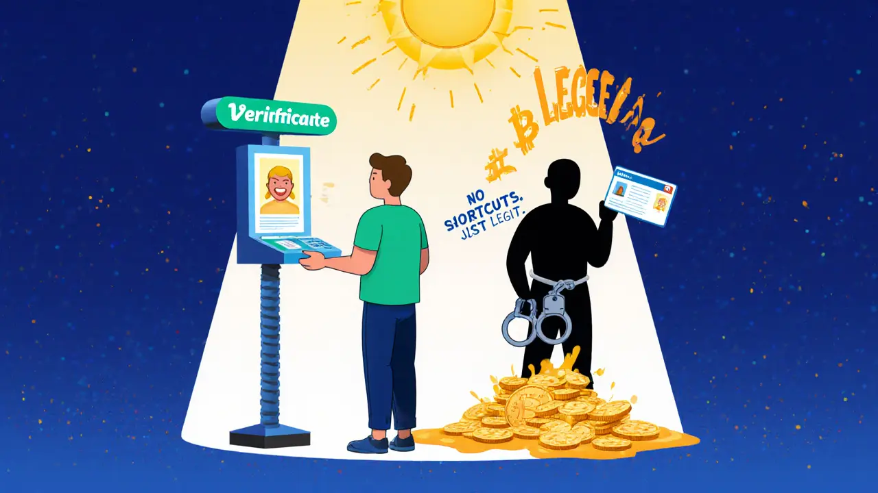 A user happily verifies with a digital ID while a fake ID melts into handcuffs, symbolizing legal alternatives.