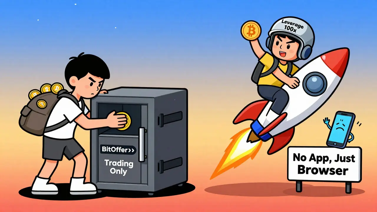 A user placing crypto into a trading vault while another rides a crypto rocket past a &#039;No App&#039; sign in whimsical rubber hose style.