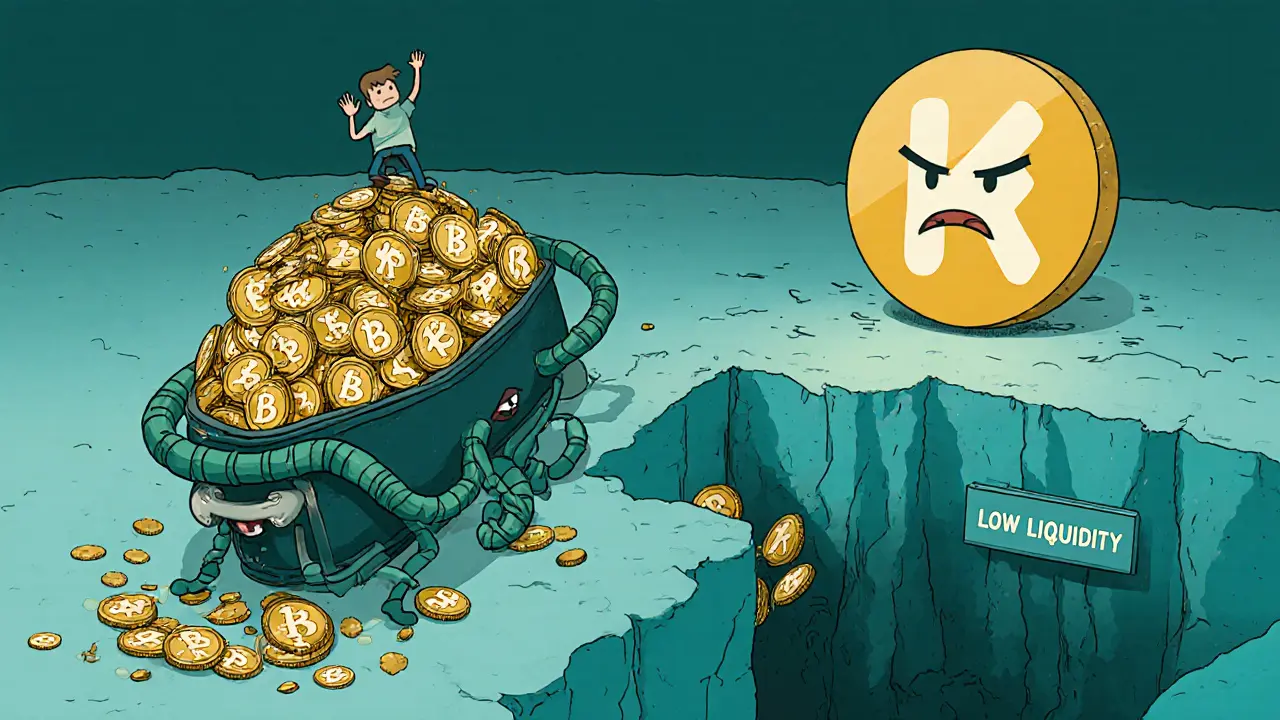 A wobbly wallet struggling under a mountain of CWS tokens, while KuCoin turns away in disappointment.