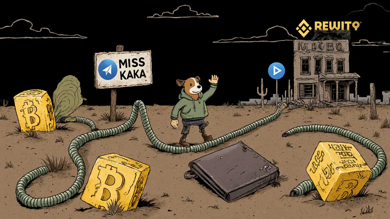 An abandoned blockchain ghost town with a faded Miss Kaka sign and a dog waving goodbye from afar.