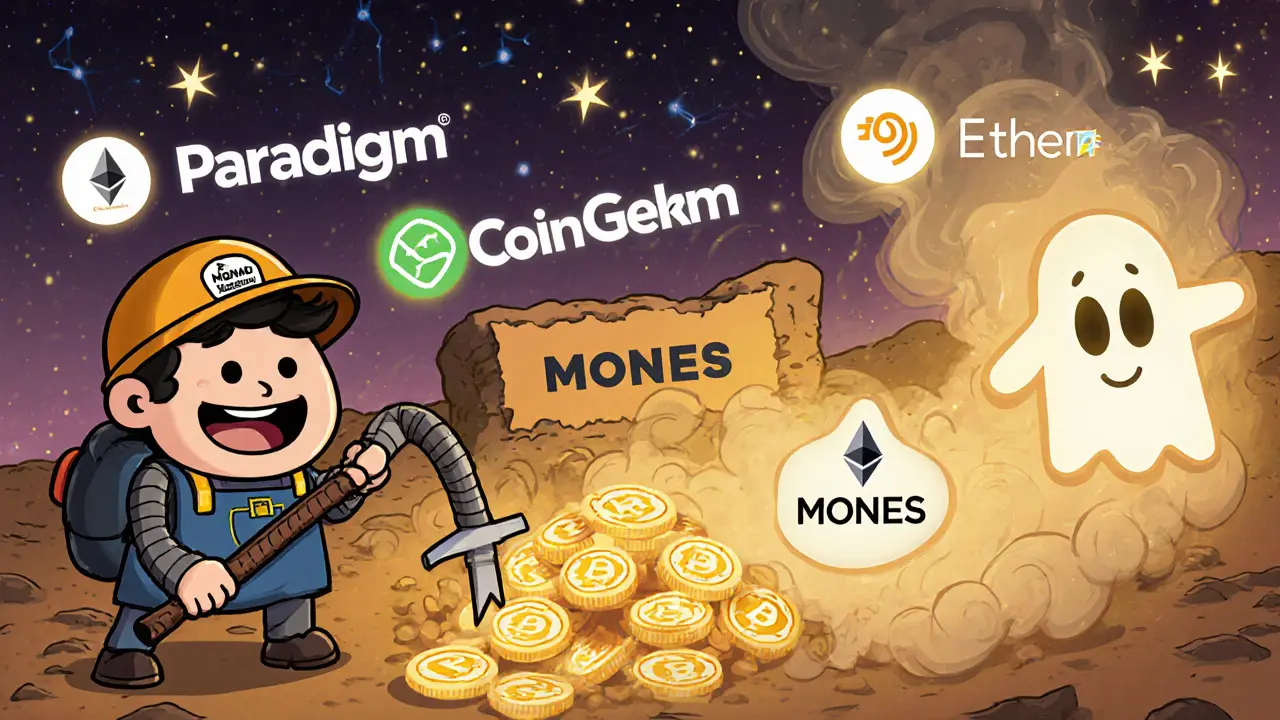 Happy miner digging Monad tokens while MONES ghost fades away in cartoon style.
