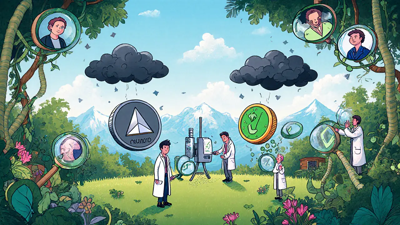 Monero and Zcash in lab coats test zero-knowledge machines in a Swiss garden, turning dark clouds into blue skies with checkmarks.