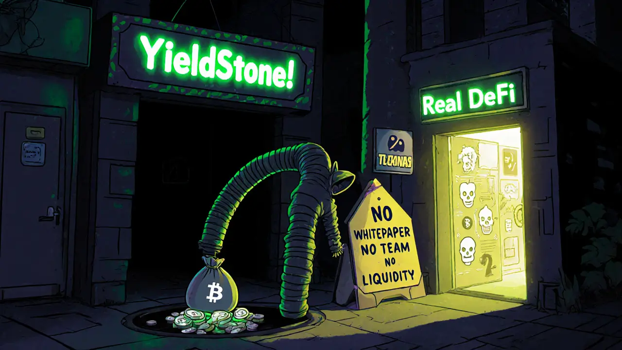Shadowy figure dumps YIELD tokens into a void while a bright path to real DeFi glows behind.