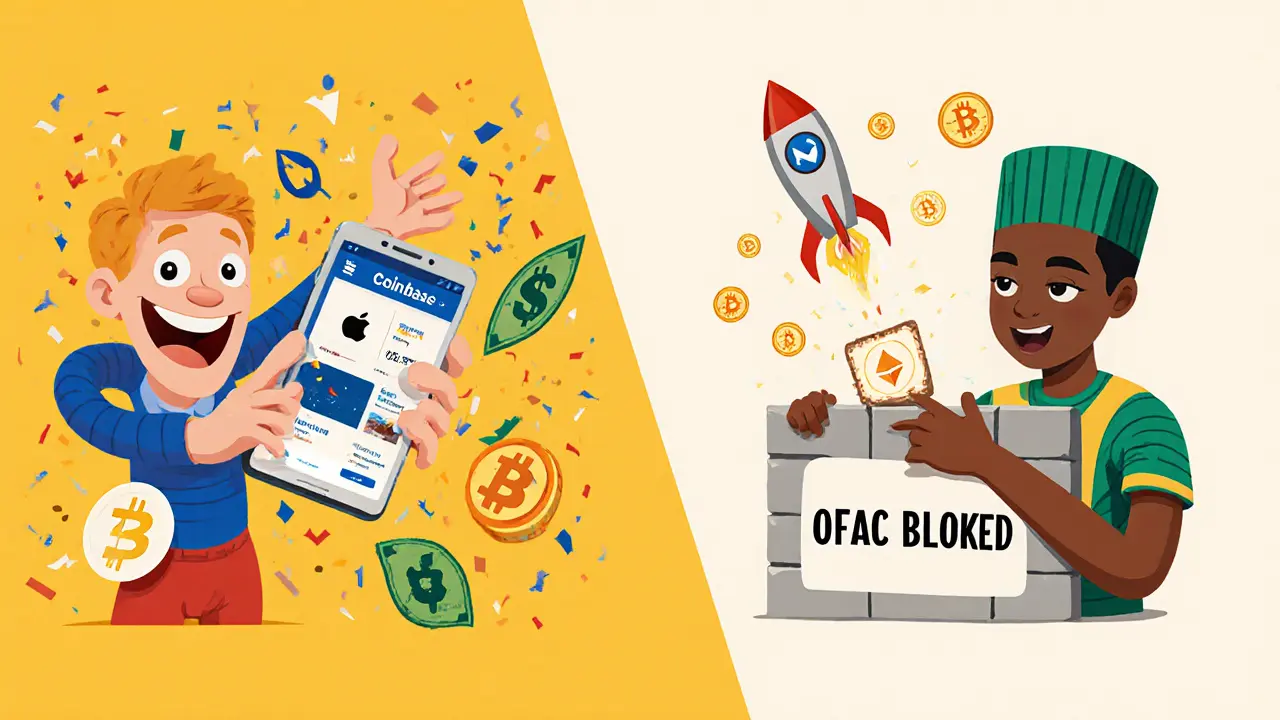 Split scene: happy U.S. user depositing cash into Coinbase vs. Nigerian user blocked, with Wallet app glowing faintly