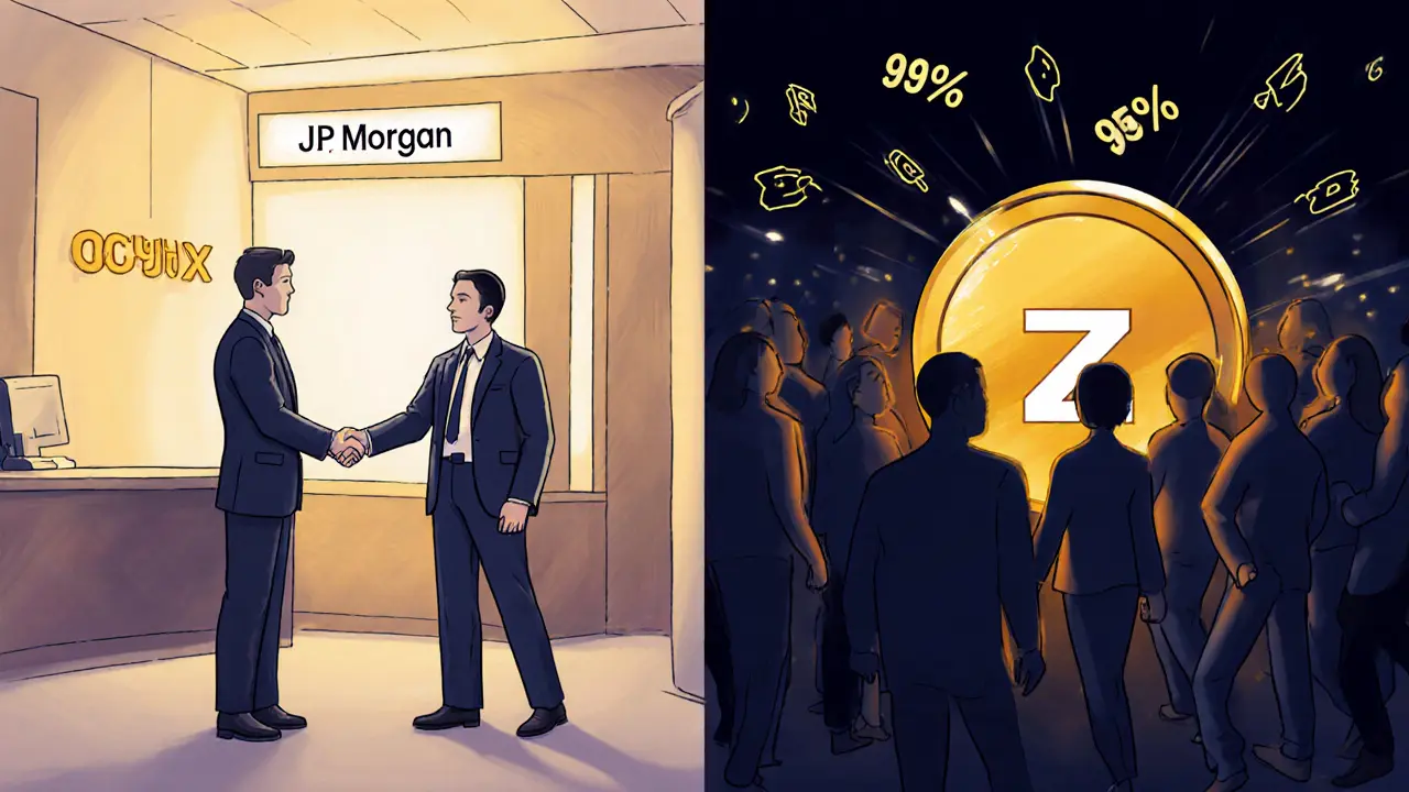 Zcash shakes hands with a banker on one side, while hidden in shadow on the other, most users ignore its privacy feature.
