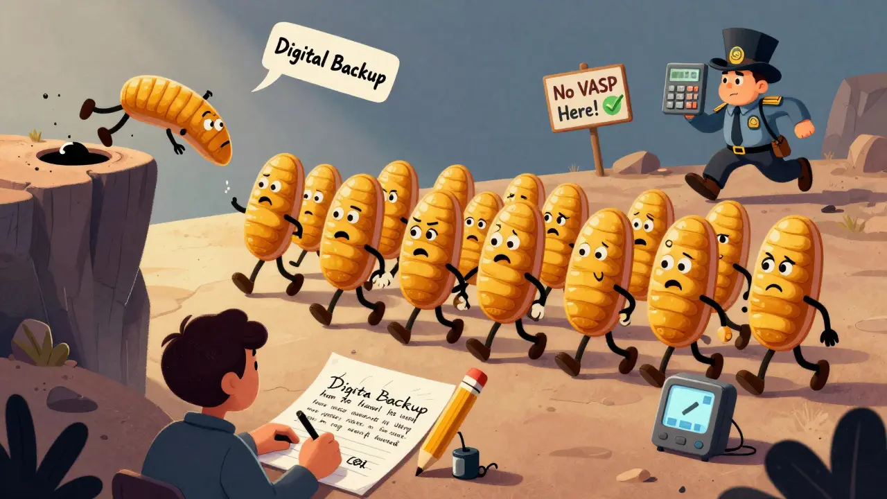 24 wiggly seed phrase words walking in a line, one falling off a cliff into a black hole.