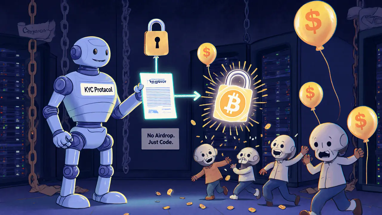 A calm compliance robot connects blockchain to a legal lock, while investors chase exploding fake airdrop balloons.