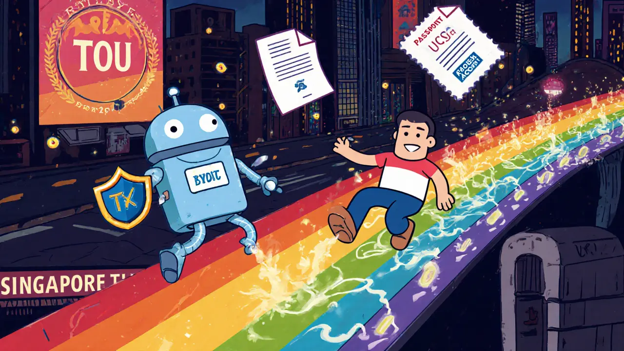 A cartoon user sliding down a VPN slide while a Bybit robot chases them, with floating documents.