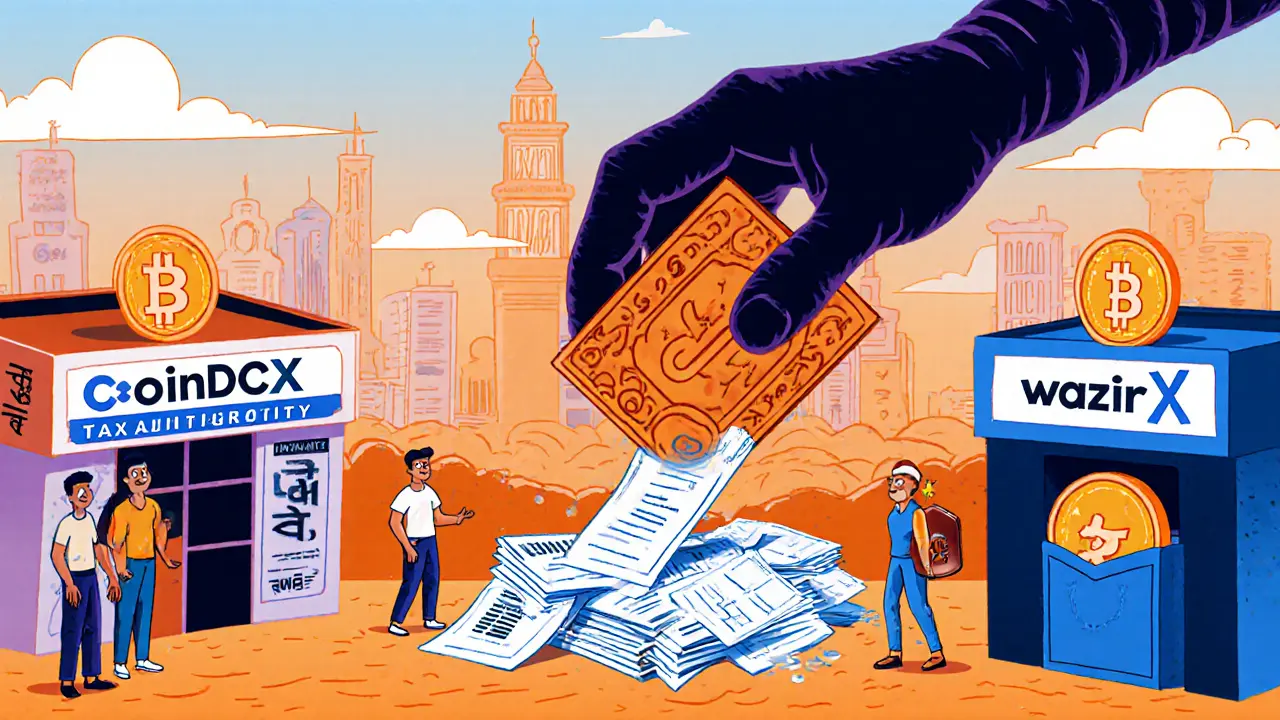 A city with smiling crypto exchanges, while a giant tax stamp crushes loss documents above.