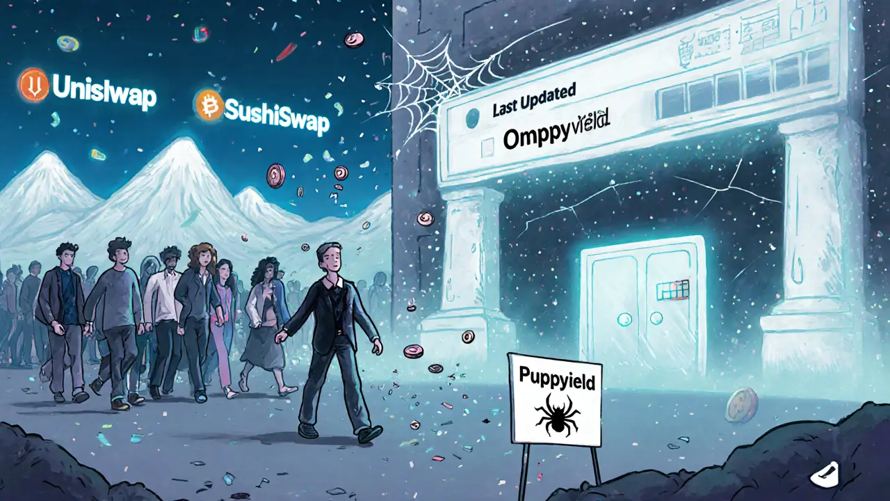 A fading ghost exchange with one blinking token pair, users walking away, and a &#039;Last Updated: 2020&#039; sign under a spiderweb.