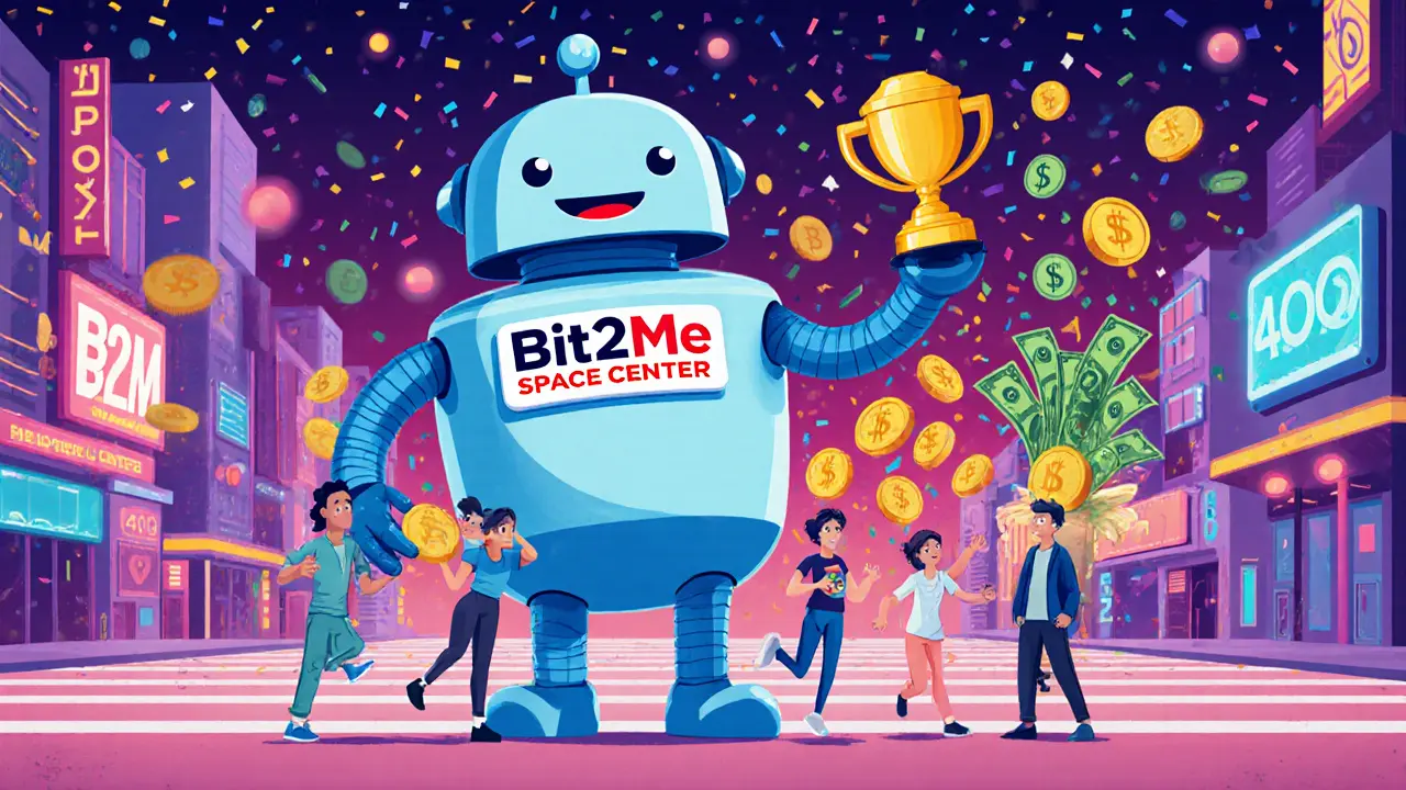A friendly Bit2Me robot hands out reward points and cashback to dancing users in a vibrant crypto-themed city.
