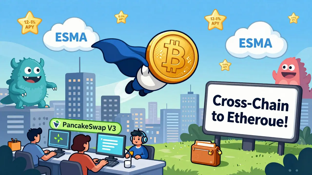 A heroic asUSDF token flying over a crypto city, avoiding slippage monsters while cross-chain rockets fly.