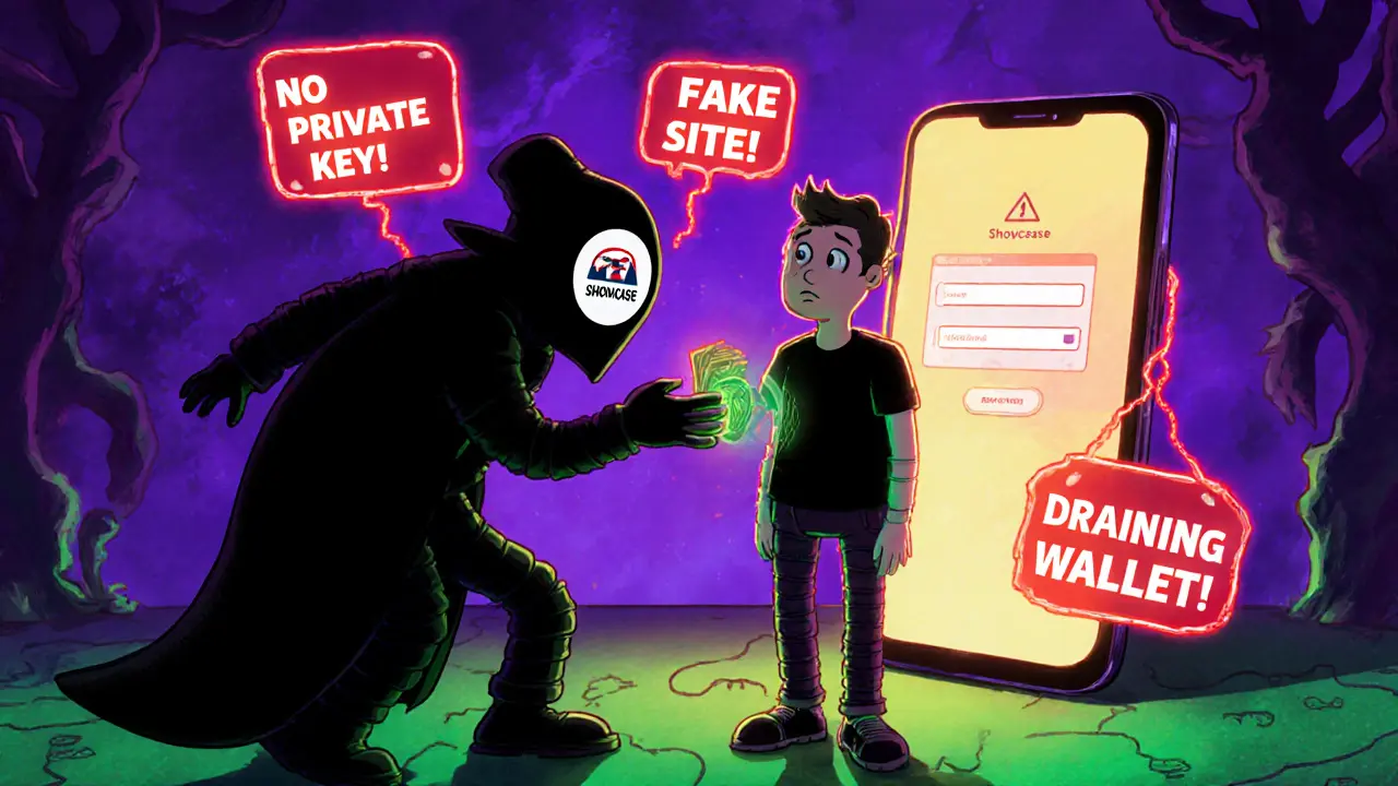 A masked scammer tricking a user into connecting a wallet, with warning signs glowing behind them.