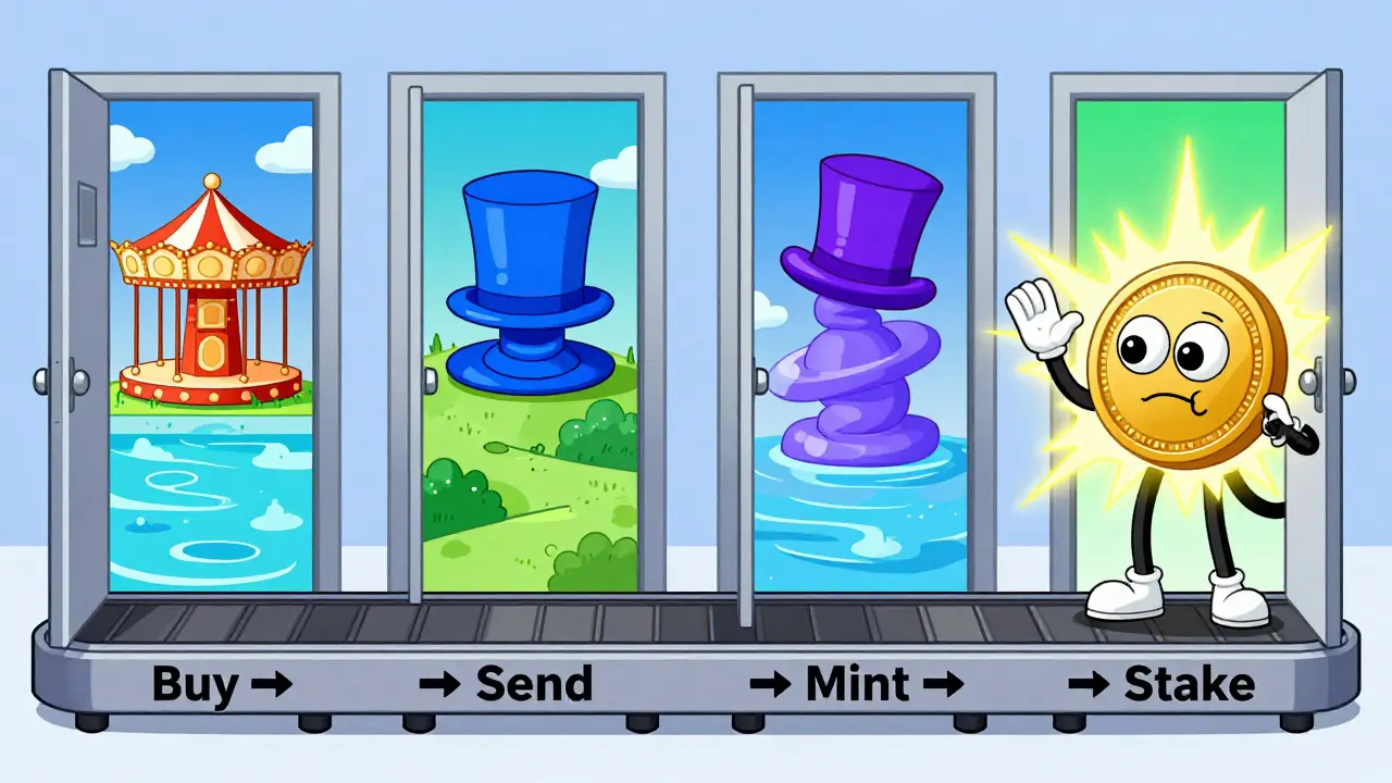 A person at a four-step cartoon conveyor belt transforming USDT into asUSDF with whimsical DeFi scenes.