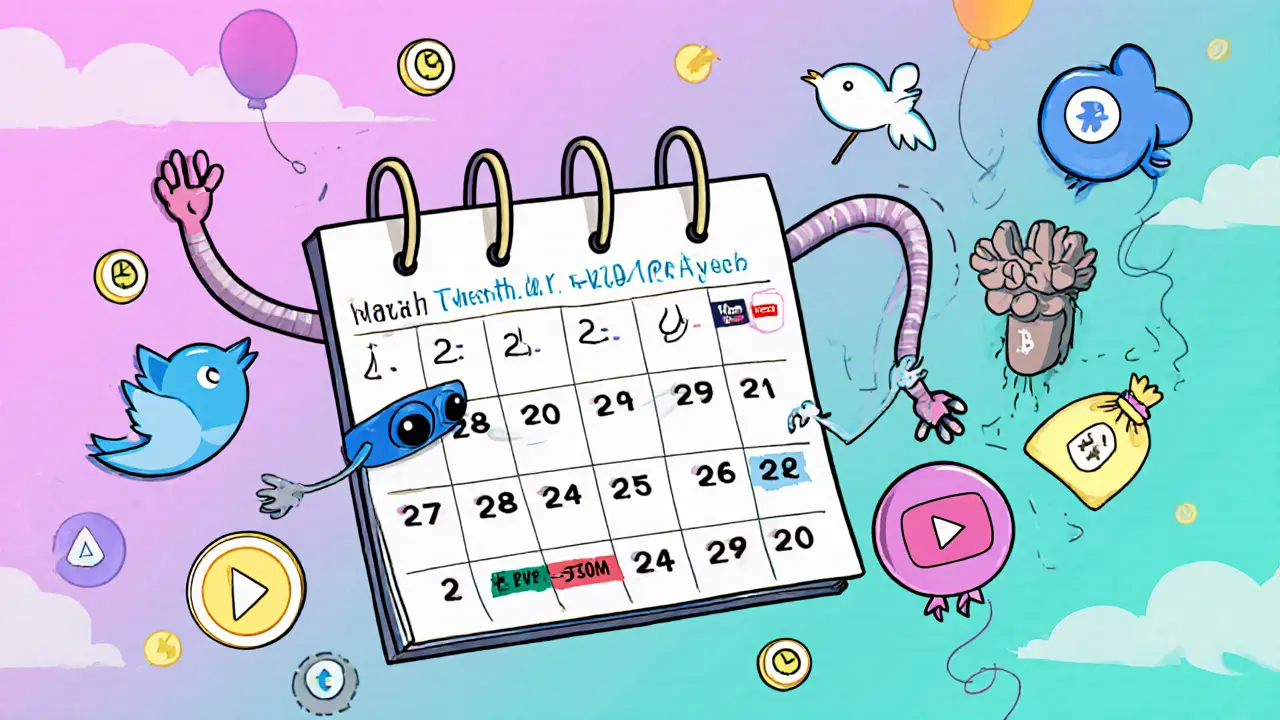 A stretchy wallet reaches for three floating token bags marked with airdrop names, surrounded by social media icons.