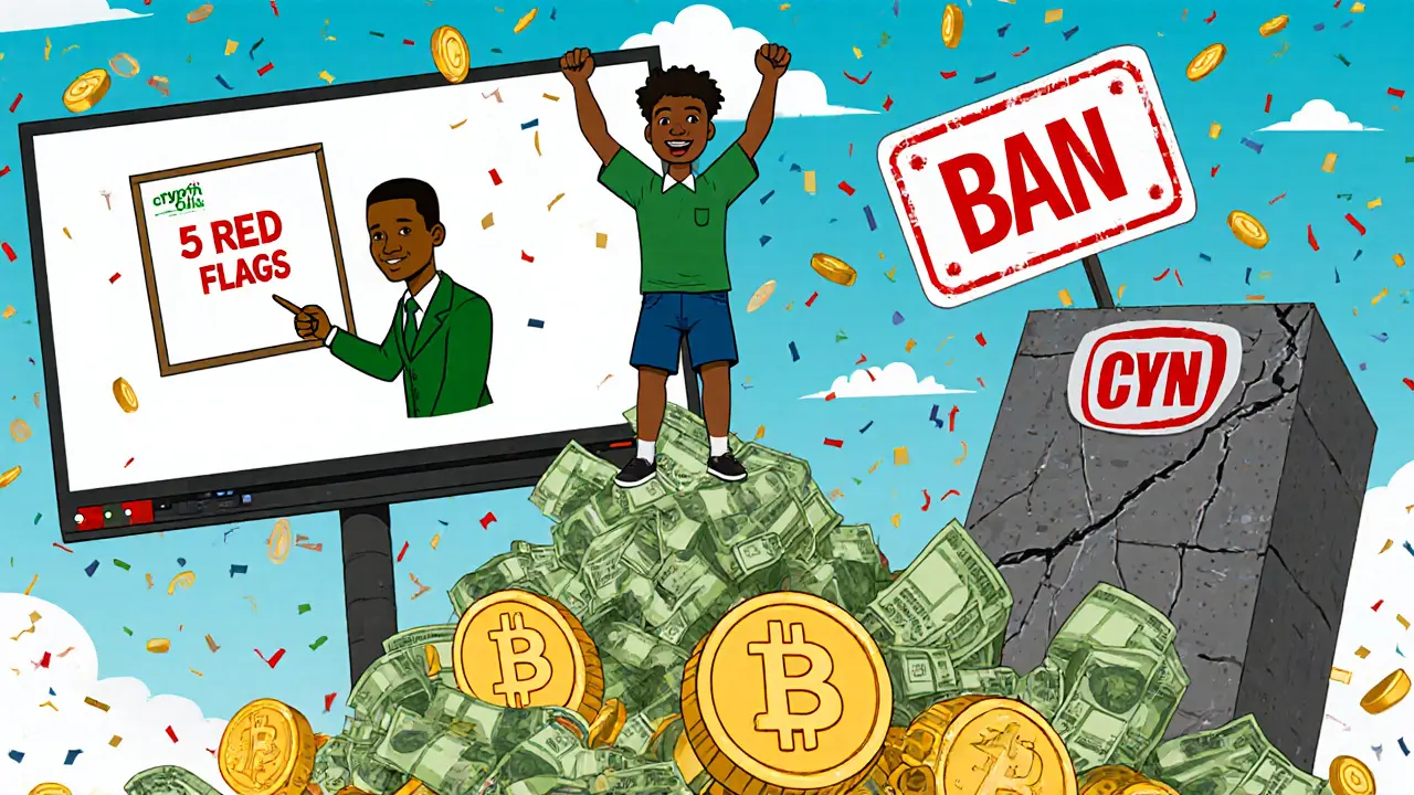 A student rising on Bitcoin coins while watching a crypto tutorial, defying a crumbling government ban.