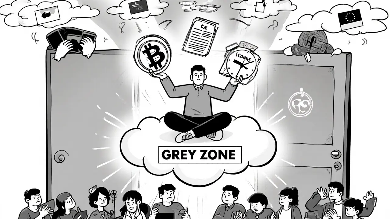 A trader juggling Bitcoin, tax form, and clock, with a partially open door labeled COINS Act 2025 below.