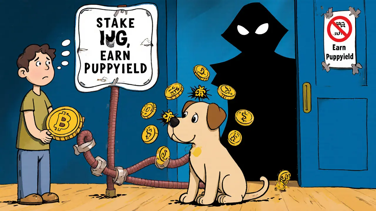 A user staking a DOG token that turns into a puppy pooping Puppyield tokens, with no customer support and an un-audited contract looming.