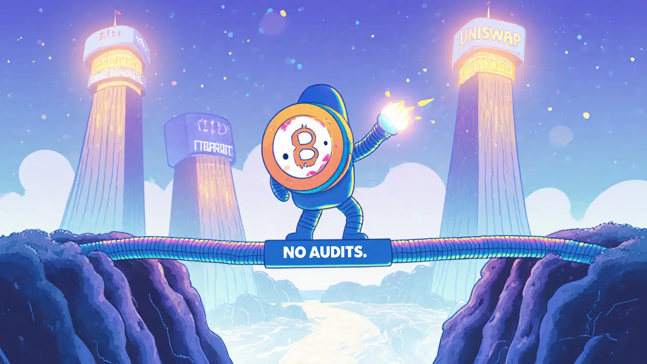 A user stands on a thin volume bridge over a void, while safer DeFi platforms glow with strong liquidity behind them.