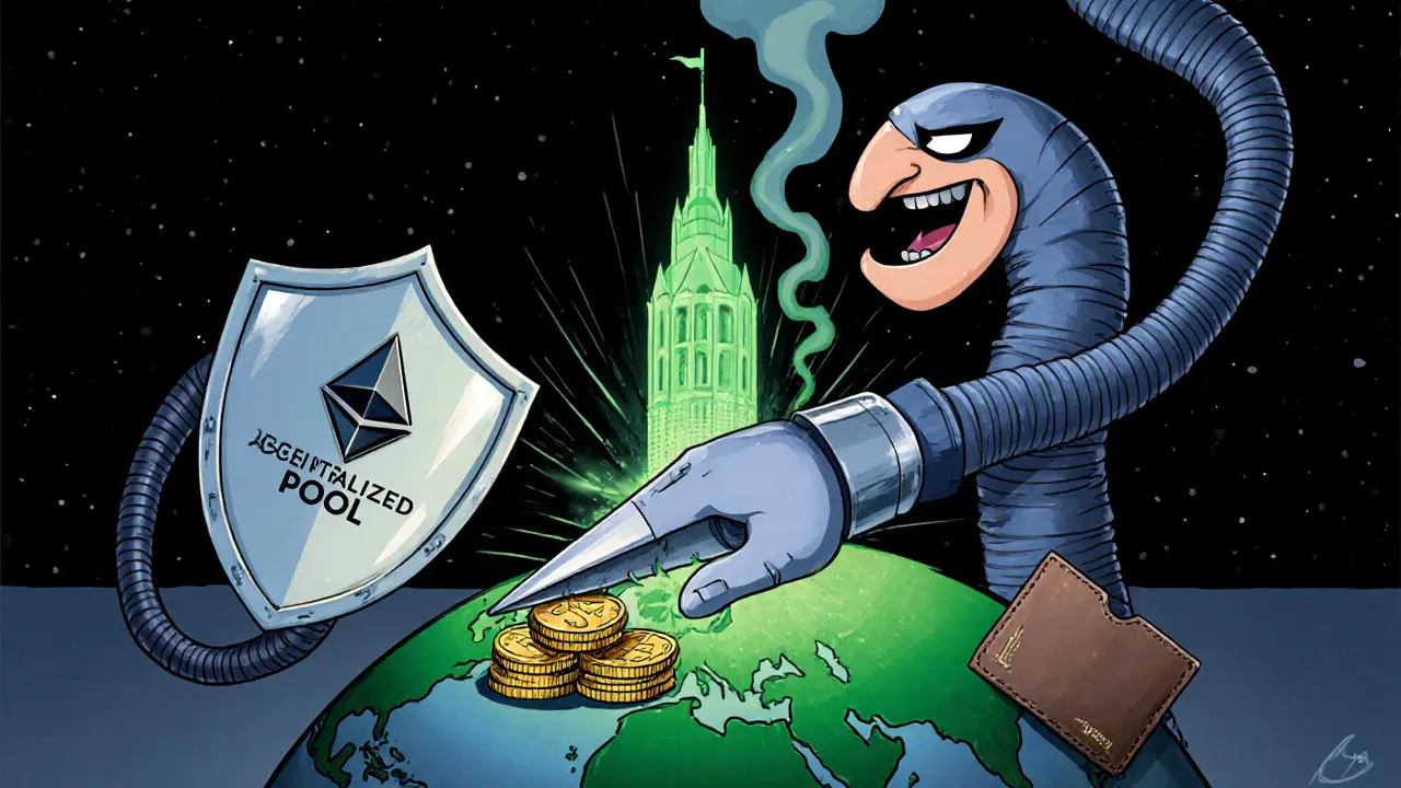 A villain with a slashing claw attacking tokens, blocked by a shield labeled &#039;Decentralized Pool&#039; and a hardware wallet knight.