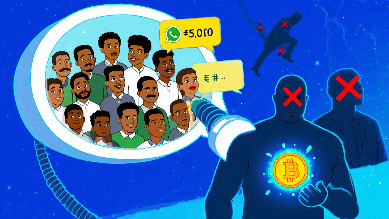 Animated WhatsApp group with Nigerian traders verifying transactions, blacklisted scammers marked with Xs.