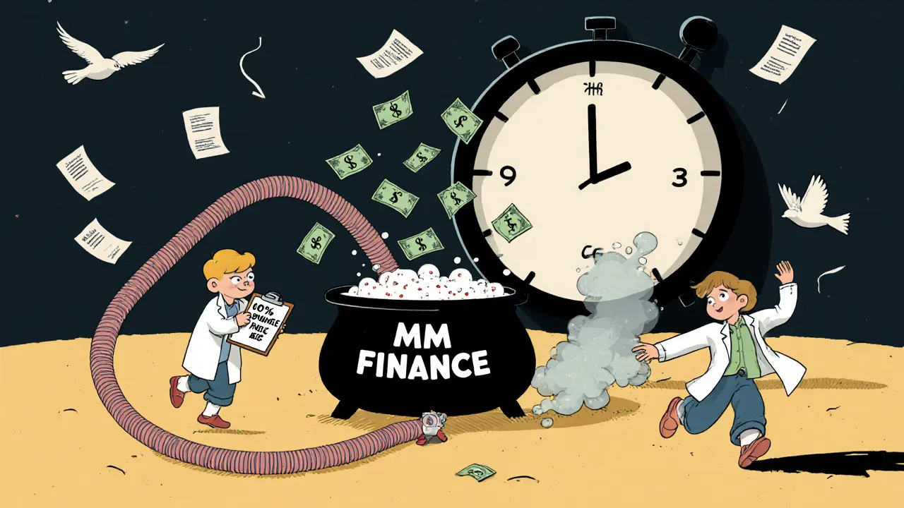 Children play in a DeFi sandbox as one tosses money into a bubbling cauldron labeled &#039;MM Finance&#039; with a rug pull looming.