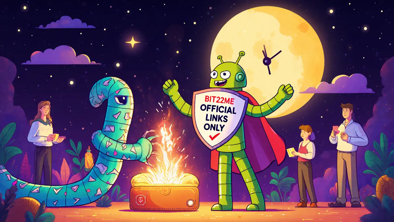 Heroic Bit2Me mascot stopping scam bot from stealing wallet seed phrase