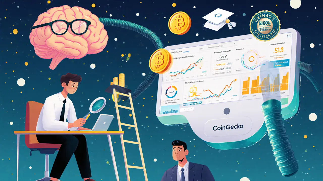 Retail investor using free tools to analyze crypto metrics, while a friendly AI brain and diploma glow above, mocked by a wealthy analyst below.