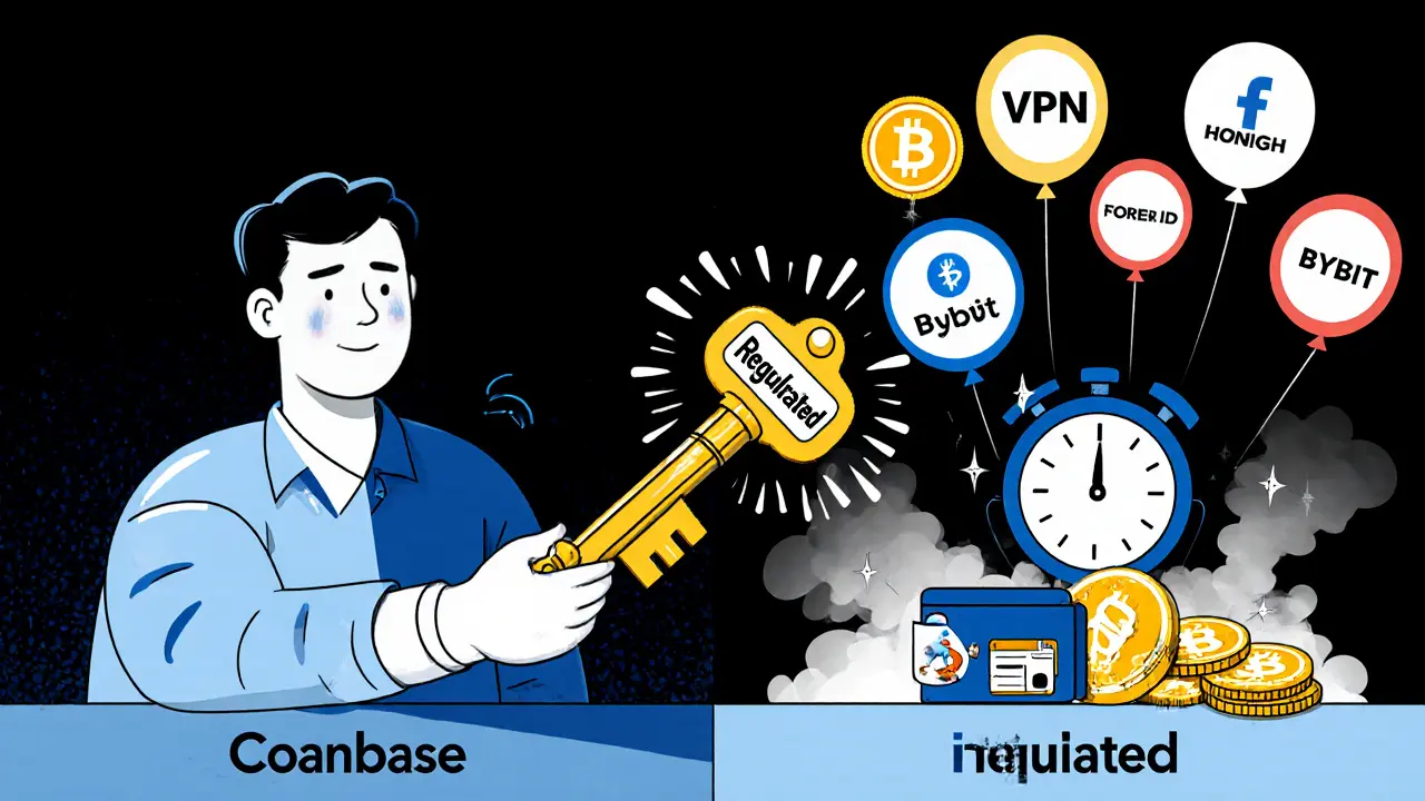 Split scene: calm Coinbase user with golden key vs. chaotic Bybit user losing wallet to popping balloons.
