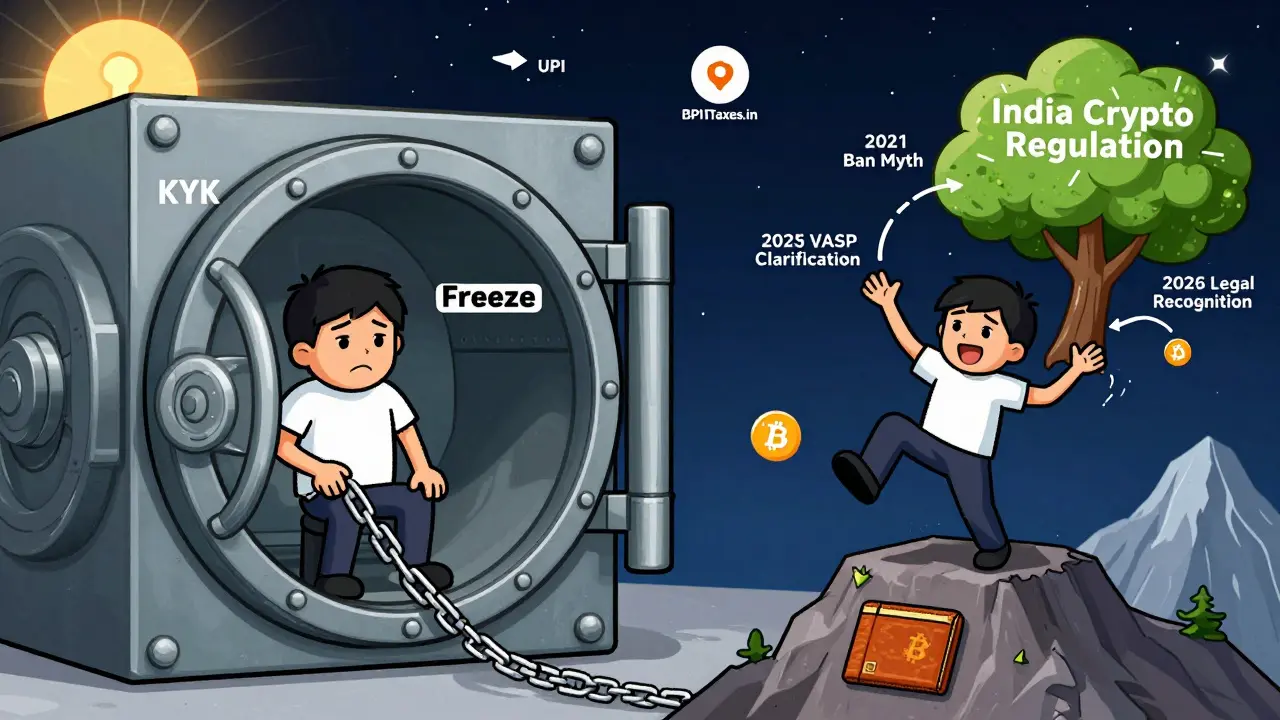 Split scene: trapped user in exchange vault vs. dancing user with hardware wallet on mountain.