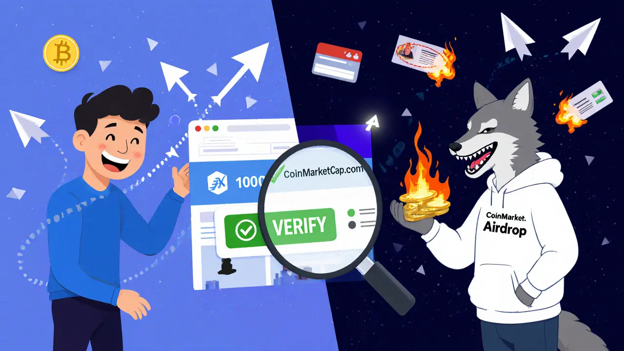 Split-screen: happy trader on Aster vs. victim handing seed phrase, with official site verified in the middle.