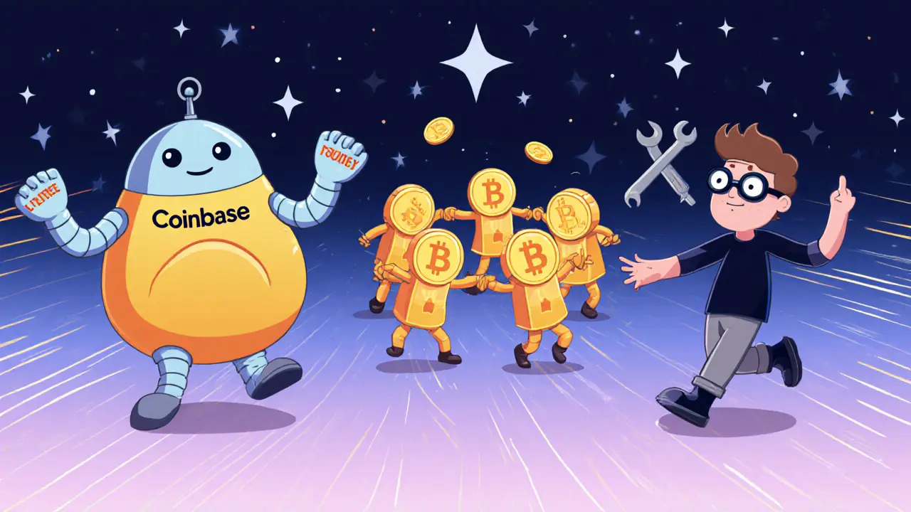 Three cartoon characters representing exchange, pool, and solo staking dancing under a starry sky of earning tokens.