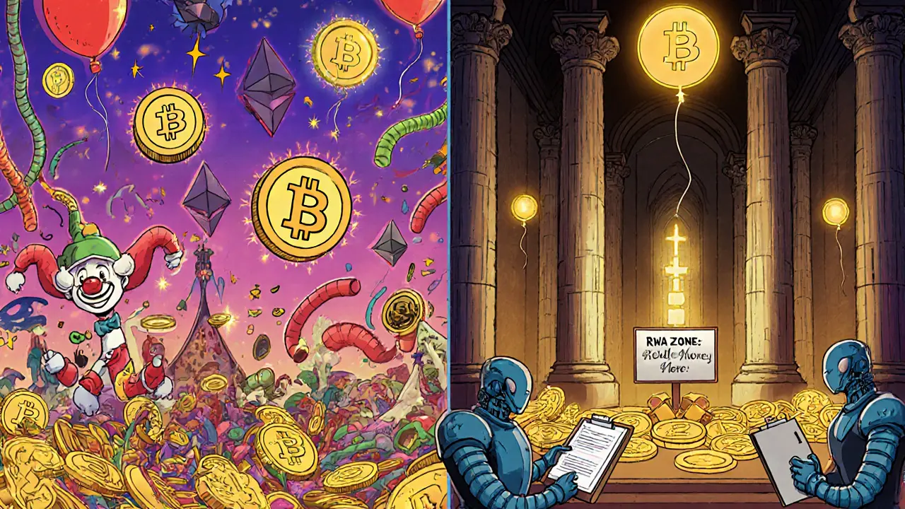 Two contrasting worlds: chaotic memecoin carnival vs. calm financial cathedral with Bitcoin, Ethereum, and tokenized Treasuries.