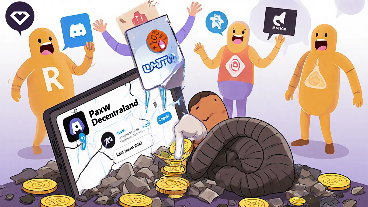 A deflated character stares at a dead Twitter profile while others join legitimate metaverse projects.