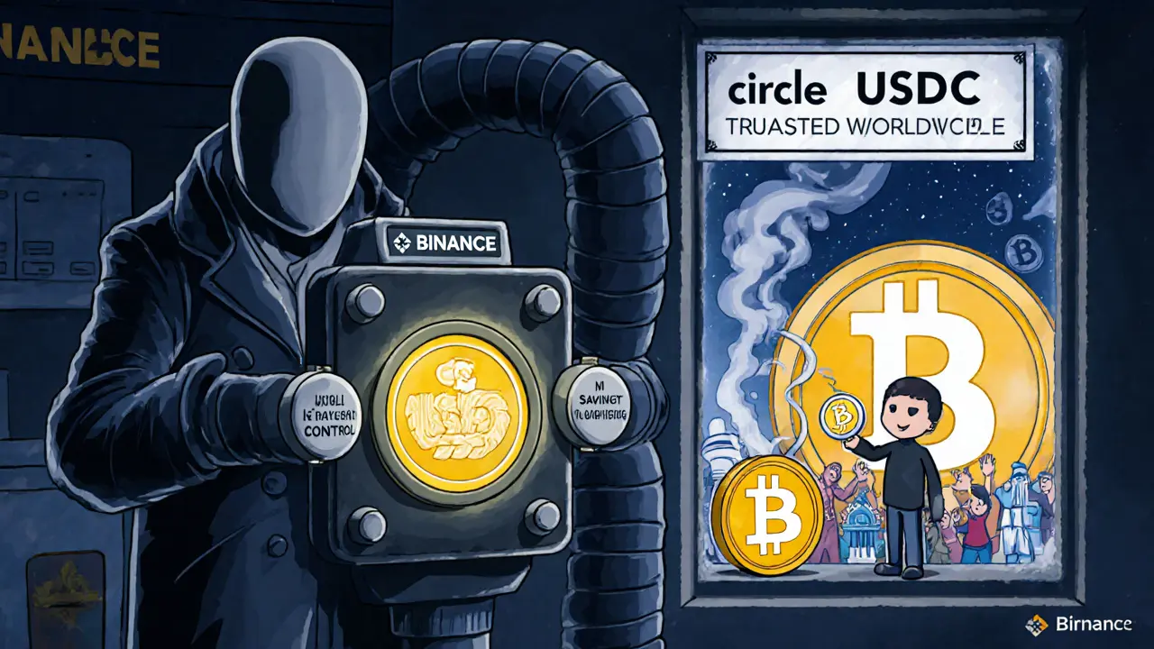 A faceless corporation controls a &#039;Classic USDC&#039; machine while a user watches their savings turn to smoke.