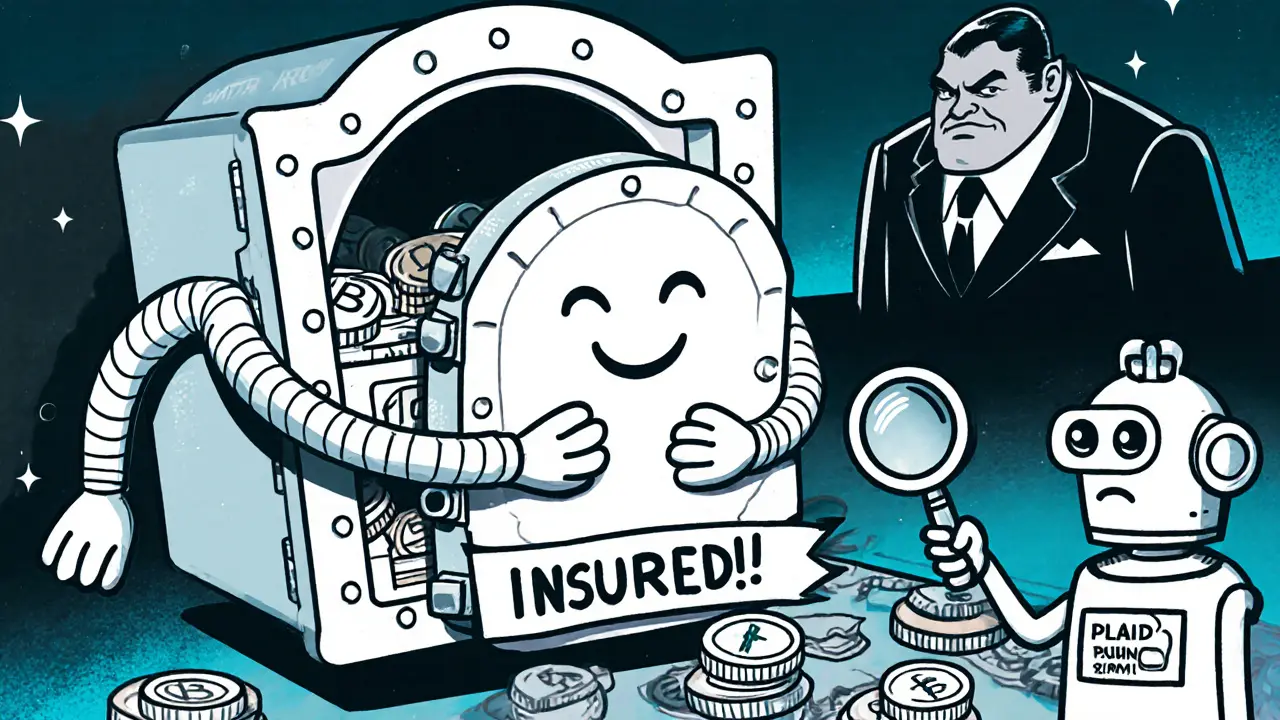 A friendly security vault hugs crypto coins, with a user submitting ID to a robot and an SEC regulator watching nearby.