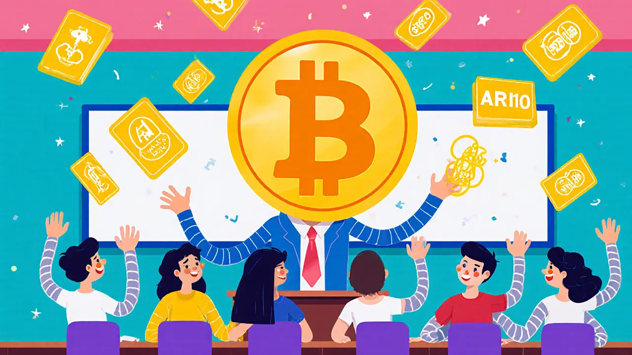 A fun classroom where students learn about staking ARI10 tokens with cartoonish teachers.